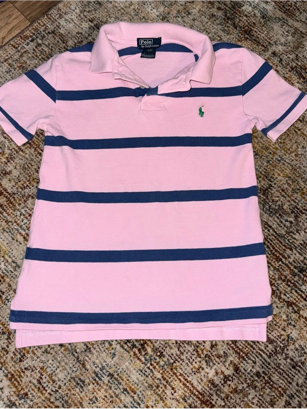 Ralph Lauren Pink & Navy Striped Polo Shirt with Green Pony